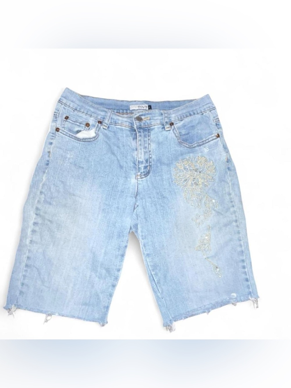 Light Blue Embroidered Denim Bermuda Shorts